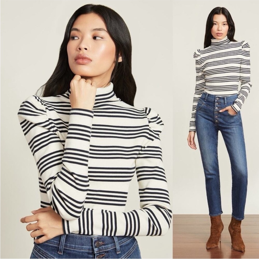 Veronica Beard Black and White Striped Turtleneck Sweater